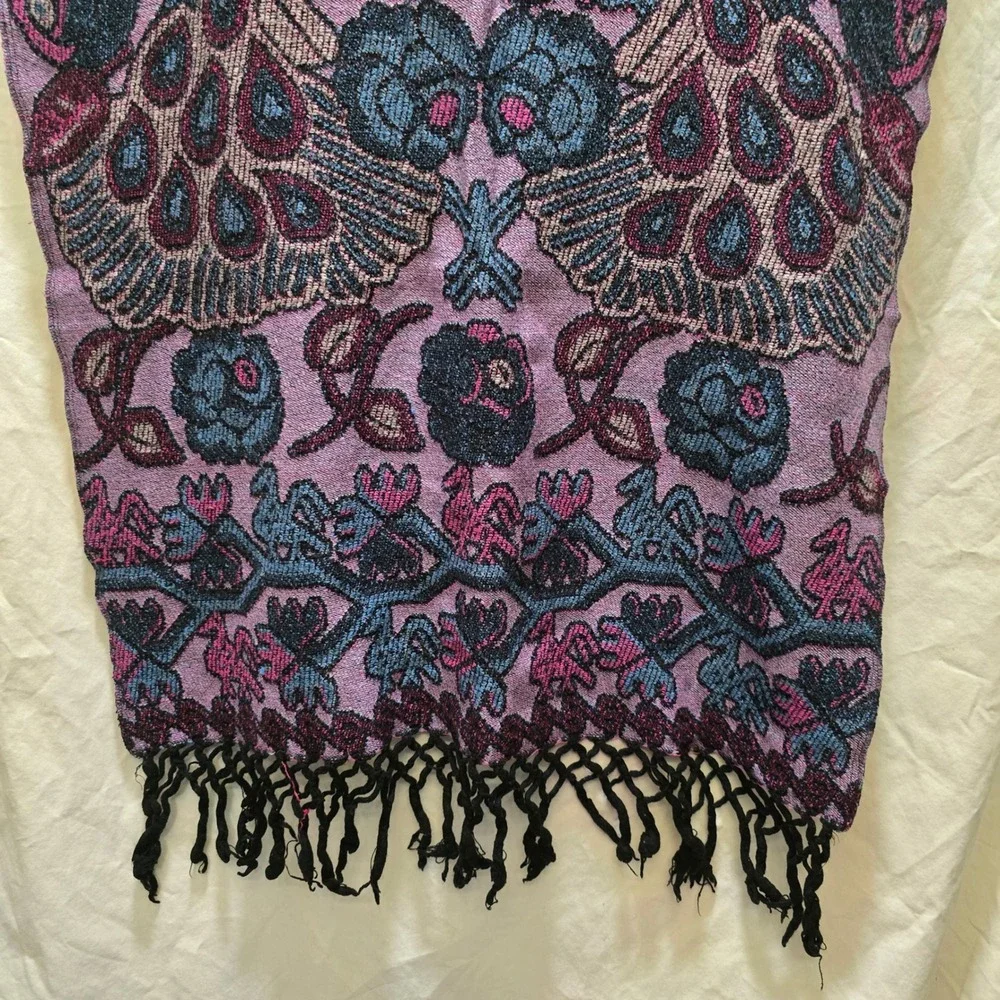 Vibrant‎ Peacock Floral Woven Scarf Shawl Fringe Purple Pink Blue Black Accent